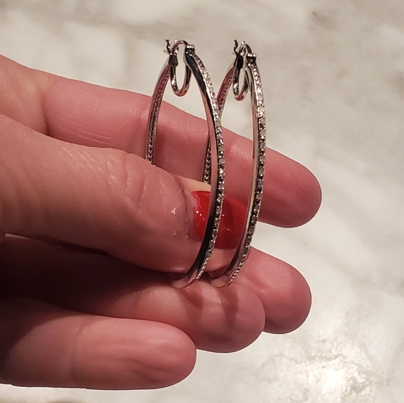 .035 CTW Diamond Hoop 14K White Gold Over Sterling Silver Earrings - Picture 4 of 8